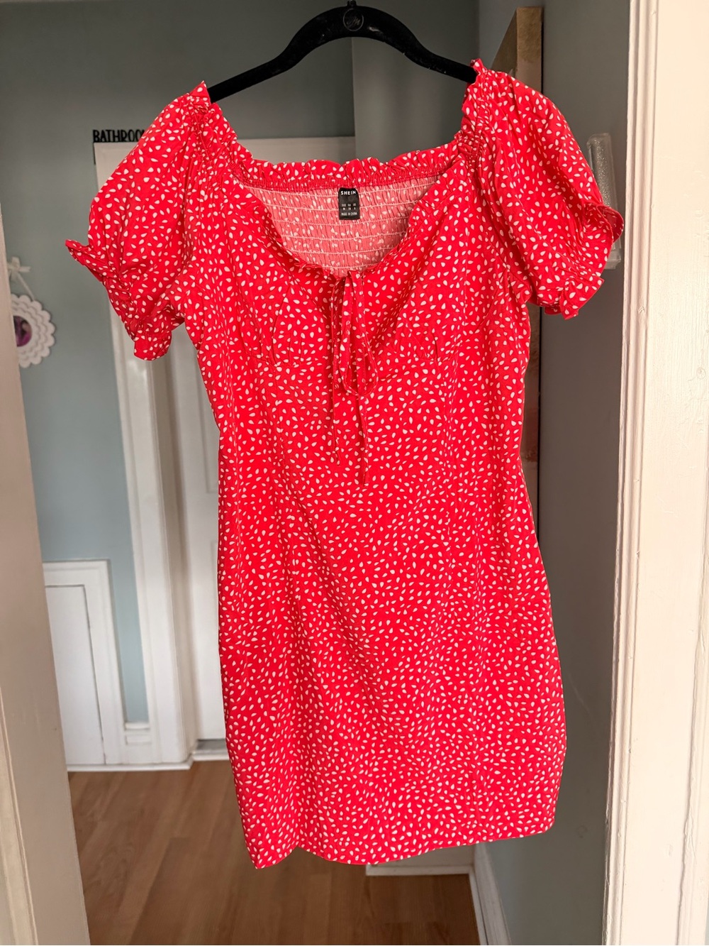 SHEIN Red Puff-Sleeve Mini Dress with White Dot Print